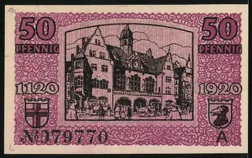 Notgeld Freiburg i. Br. 1920, 50 Pfennig, Stadtpartie mit Kutschen und Passanten