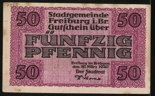 Notgeld Freiburg i. Br. 1920, 50 Pfennig, Stadtansicht mit Kirche