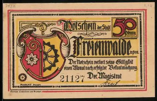 Notgeld Freienwalde in. Pom., 50 Pfennig, Verleihung des Stadtrechts im Jahr 1338