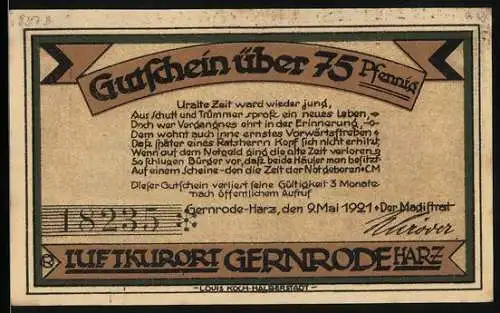 Notgeld Gernrode-Harz 1921, 75 Pfennig, Altes und neues Rathaus