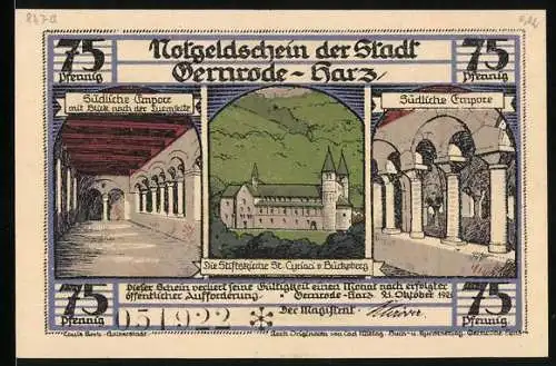 Notgeld Gernrode-Harz 1921, 75 Pfennig, Stiftskirche St. Cyriaci v. Bückeberg, Hauptschiff u. Orgel