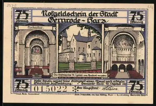 Notgeld Gernrode-Harz 1921, 75 Pfennig, Hochaltar und Hauptschiff der Stiftskirche