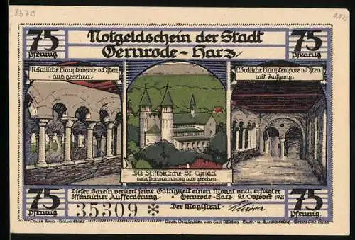 Notgeld Gernrode-Harz 1921, 75 Pfennig, Stiftskirche mit Hauptempore, uralter Taufstein