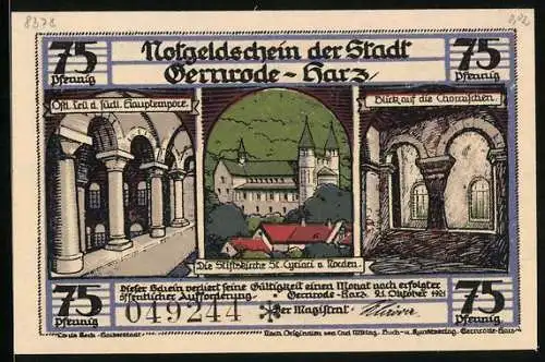 Notgeld Gernrode-Harz 1921, 75 Pfennig, Stiftskirche St. Cyriari, Südl. Hauptempore