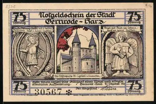 Notgeld Gernrode-Harz 1921, 75 Pfennig, Stiftskirche St. Cyriaci, Auferstehung Christi, Zitadelle