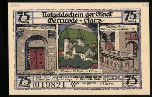 Notgeld Gernrode-Harz 1921, 75 Pfennig, Stiftskirche St. Cyriaci, Hauptportal und Grabmal