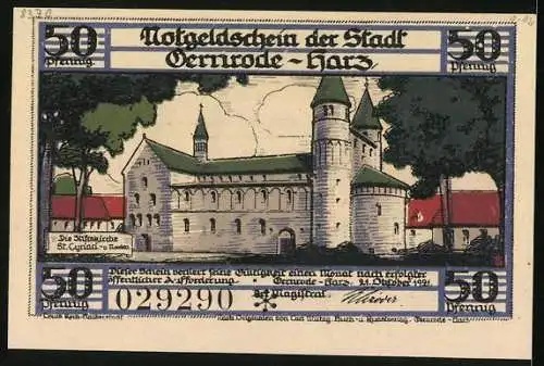 Notgeld Gernrode-Harz 1921, 50 Pfennig, Kirchen-Kapitael in der Stiftskirche St. Cyriaci, Aussenansicht