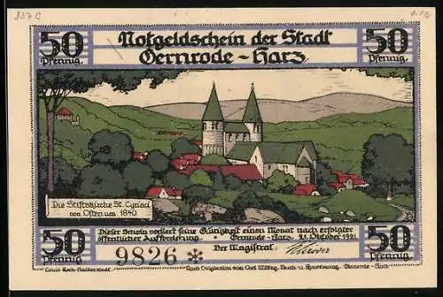 Notgeld Gernrode-Harz 1921, 50 Pfennig, Stiftskirche St. Cyriaci, Kreuzgang