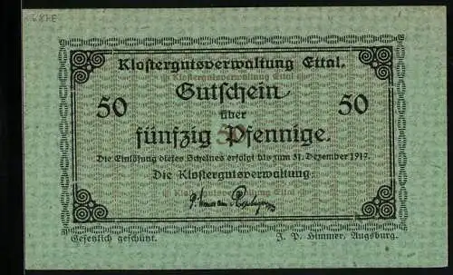 Notgeld Ettal 1917, 50 Pfennig, Unterschrift der Klostergutsverwaltung