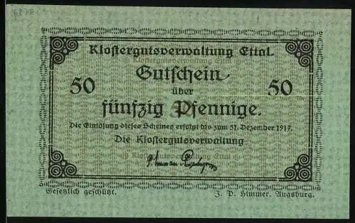 Notgeld Ettal 1917, 50 Pfennig, Klostergutsverwaltung Unterschrift