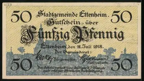 Notgeld Ettenheim 1918, 50 Pfennig, Stadtwappen, Stadtsilhouette