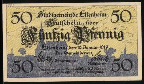 Notgeld Ettenheim 1919, 50 Pfennig, Silhouette der Stadt, Wappen