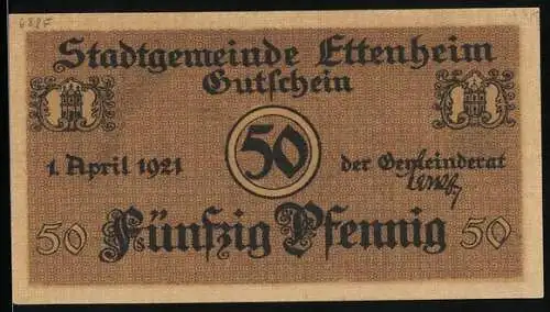 Notgeld Ettenheim 1921, 50 Pfennig, Stadtwappen, Arbeiter auf dem Feld