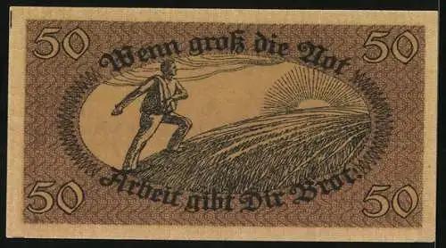 Notgeld Ettenheim 1921, 50 Pfennig, Stadtwappen, Arbeiter auf dem Feld