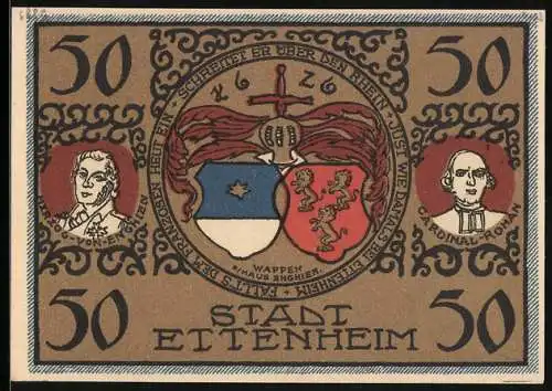 Notgeld Ettenheim 1922, 50 Pfennig, Stadtwappen, Cardinal-Roman, Herzog von Enghien