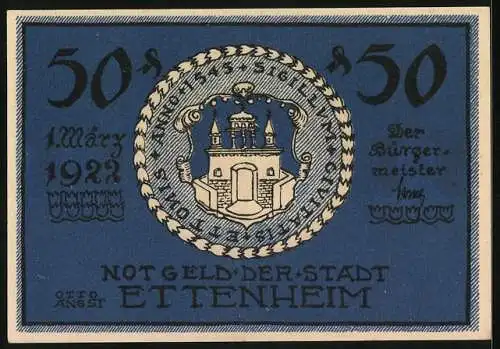 Notgeld Ettenheim 1922, 50 Pfennig, Stadtwappen, Cardinal-Roman, Herzog von Enghien