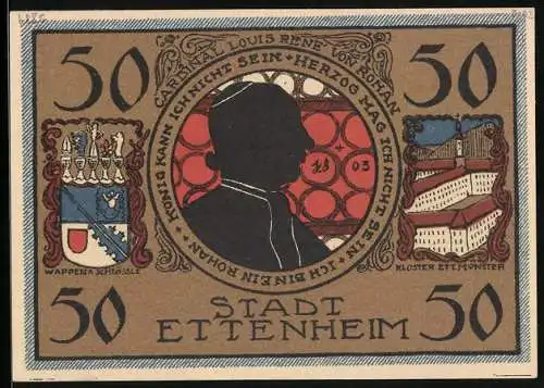 Notgeld Ettenheim 1922, 50 Pfennig, Stadtwappen, Cardinal Louis Rene von Rohan