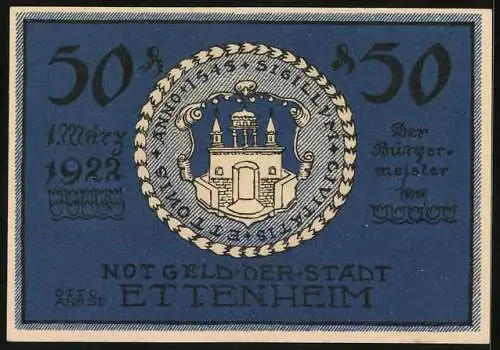 Notgeld Ettenheim 1922, 50 Pfennig, Stadtwappen, Cardinal Louis Rene von Rohan