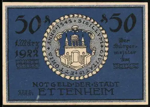Notgeld Ettenheim 1922, 50 Pfennig, Sigil der Stadt, Herzog von Enghien