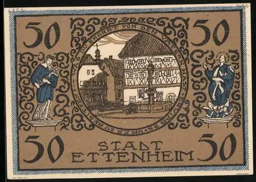 Notgeld Ettenheim 1922, 50 Pfennig, Platz mit Brunnen, Sigil der Stadt