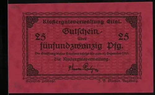 Notgeld Ettal 1917, 25 Pfennig, Unterschrift Klostergutsverwaltung