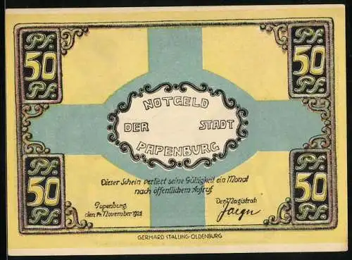 Notgeld Papenburg 1921, 50 Pfennig, Mann fragt Bettler nach Geld