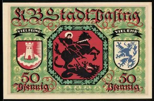 Notgeld Pasing 1918, 50 Pfennig, Wappen, Ritter erschlägt Drachen