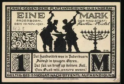 Notgeld Paderborn 1921, 1 Mark, Busdorf-Kirche, Schmiede