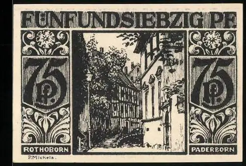 Notgeld Paderborn 1921, 75 Pfennig, Strassenpartie, Bürger am Brunnen