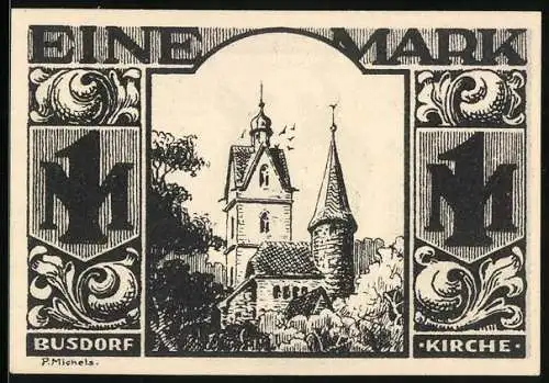 Notgeld Paderborn 1921, 1 Mark, Busdorf-Kirche, Schmiede bei der Arbeit