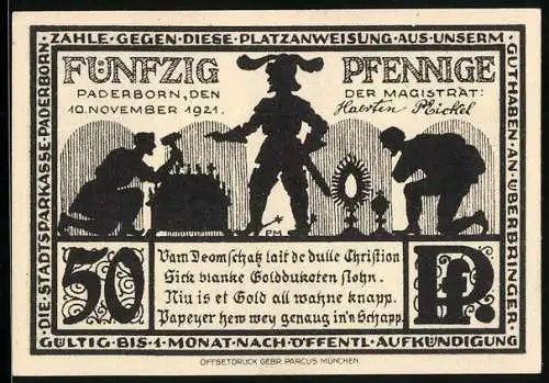 Notgeld Paderborn 1921, 50 Pfennig, Diebe stehlen den Schatz, Dom