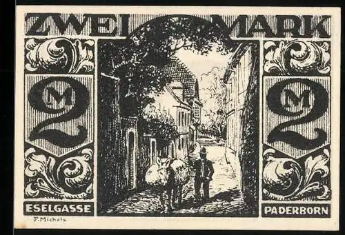 Notgeld Paderborn 1921, 2 Mark, Eselgasse, Esel beim Grasen