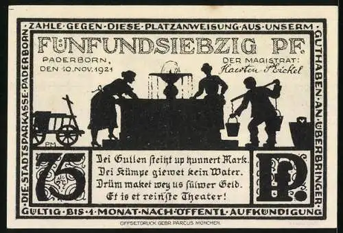 Notgeld Paderborn 1921, 75 Pfennig, Paters-Kirche, Bürger am Brunnen