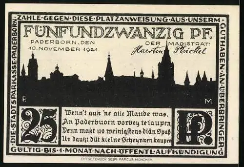 Notgeld Paderborn 1921, 25 Pfennig, Hophei, Silhouette der Stadt