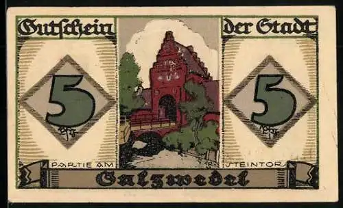 Notgeld Salzwedel 1921, 5 Pfennig, Stadttor, Stadtwappen