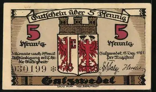 Notgeld Salzwedel 1921, 5 Pfennig, Stadttor, Stadtwappen