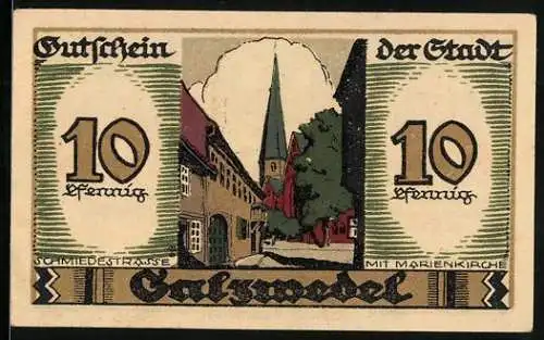 Notgeld Salzwedel 1921, 10 Pfennig, Schmiedestrasse mit Marienkirche, Stadtwappen