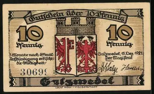 Notgeld Salzwedel 1921, 10 Pfennig, Schmiedestrasse mit Marienkirche, Stadtwappen