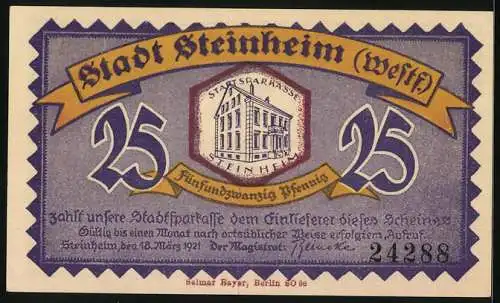 Notgeld Steinheim /Westf. 1921, 25 Pfennig, Ortsansicht, Stadtsparkasse