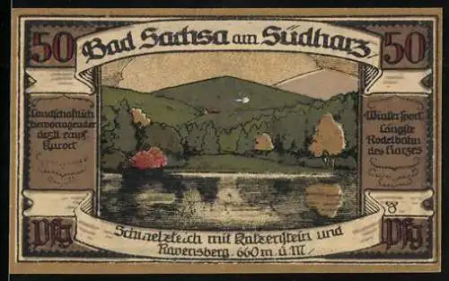 Notgeld Bad Sachsa am Südharz 1921, 50 Pfennig, Blick über den See, Stadtwappen