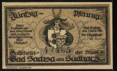 Notgeld Bad Sachsa am Südharz 1921, 50 Pfennig, Blick über den See, Stadtwappen