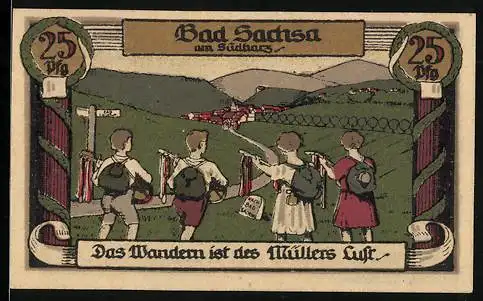 Notgeld Bad Sachsa am Südharz 1921, 25 Pfennig, Kleine Wanderer, Stadtwappen