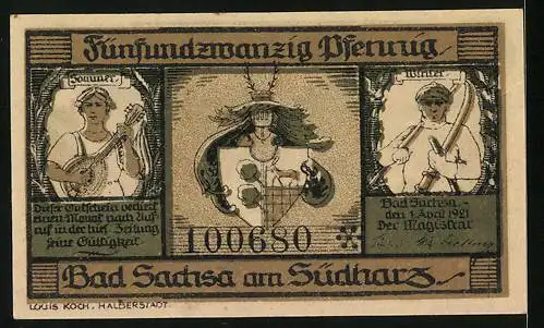 Notgeld Bad Sachsa am Südharz 1921, 25 Pfennig, Kleine Wanderer, Stadtwappen