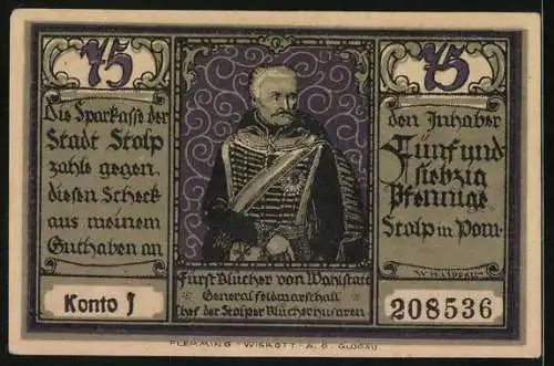 Notgeld Stolp in Pom., 75 Pfennig, Blücher an der Karzbach