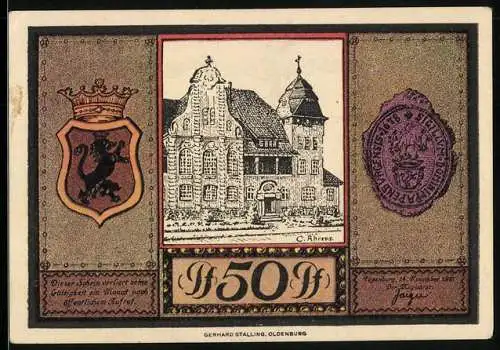 Notgeld Papenburg 1921, 50 Pfennig, Rathaus, Segelschiff
