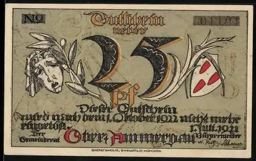 Notgeld Ober-Ammergau 1921, 25 Pfennig, Stadtwappen, Ortsansicht mit Kirche und Denkmal