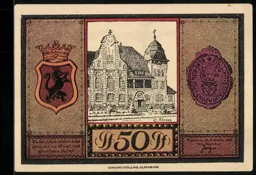 Notgeld Papenburg 1921, 50 Pfennig, Rathaus, Stadtwappen