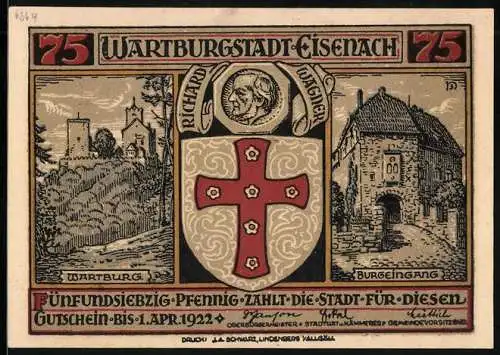 Notgeld Eisenach 1922, 75 Pfennig, Wartburg, Stadtwappen, Herr Walther von der Vogelweide