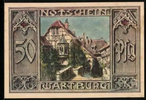 Notgeld Eisenach, 50 Pfennig, Wartburg, menschliches Leben in Tiergestalt