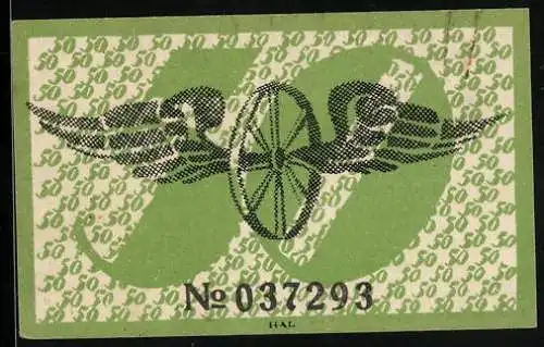 Notgeld Brockau 1920, 50 Pfennig, Geflügeltes Rad, Eisenbahner-Symbol